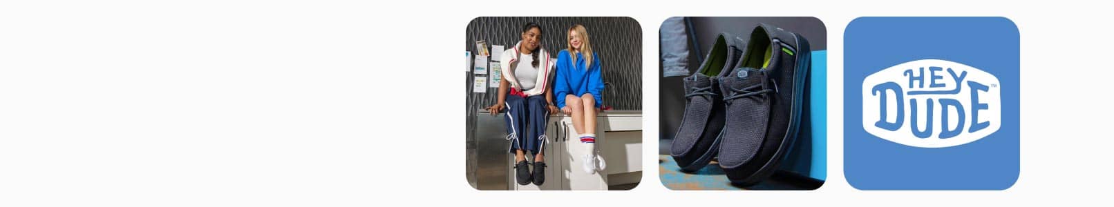 Two young women sitting on a kitchen counter wearing slip-on shoes with elastic laces. Right image, pair of men’s navy blue shoes. HEYDUDE logo.