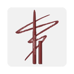 Image shows a Revlon ColorStay longwear lip liner pencil in a raisin shade with stylized strokes displayed, on a white background.