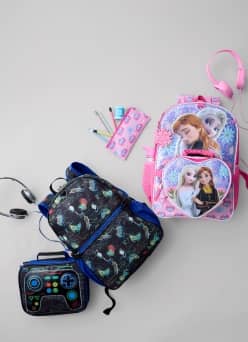 Girls’ matching backpack and pencil pouch. Boys’ matching backpack and lunch bag set.