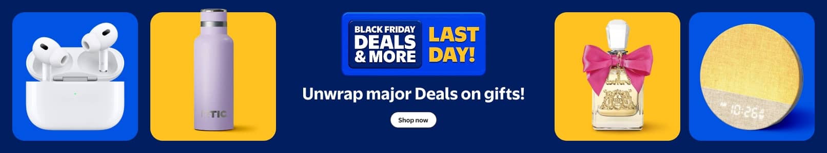 Black Friday Deals and more. Last day! Air Pods Pro, an RTIC water bottle, a bottle of perfume and an alarm clock sound machine.