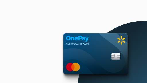 An image of a blue credit card on a blue background. Card says: OnePay CashRewards Card, with two orange circles, a yellow spark, and a silver chip.