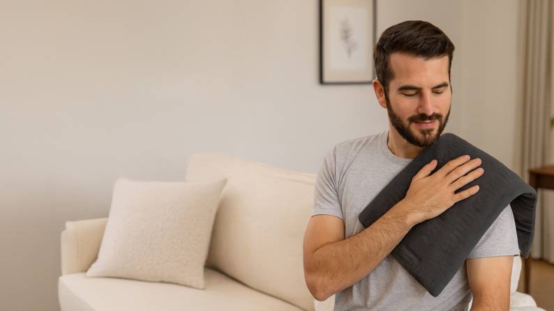 Man using heating pad on his shoulder.