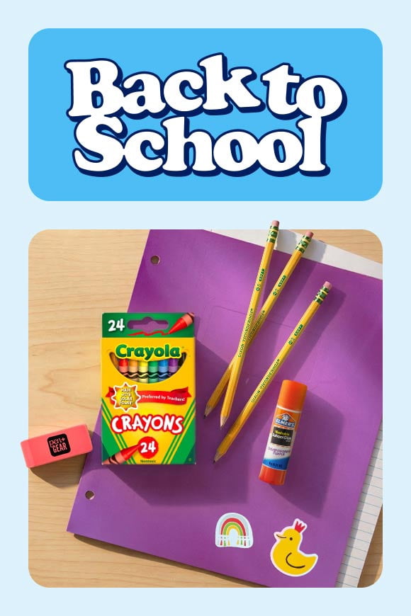 Crayons, pencils, glue and more school supplies.