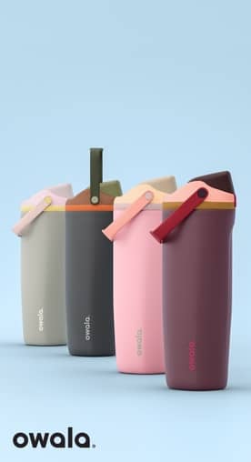 Drink tumblers in shades of grey, pink and green, featuring the Owala logo.