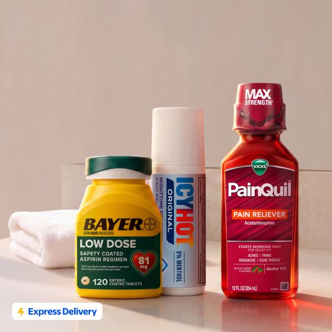 Express delivery badge. Bayer’s aspirin, Icy Hot and Vick’s PainQuil pain reliever.