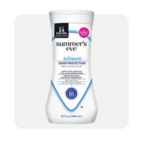 Image shows a white bottle of Summer's Eve Ultimate Odor Protection Feminine Wash with a light gray background.