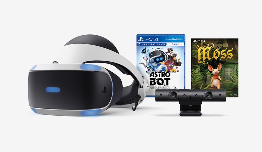 PlayStation VR headset and camera, and box art for Astro Bot Rescue Mission and Moss.