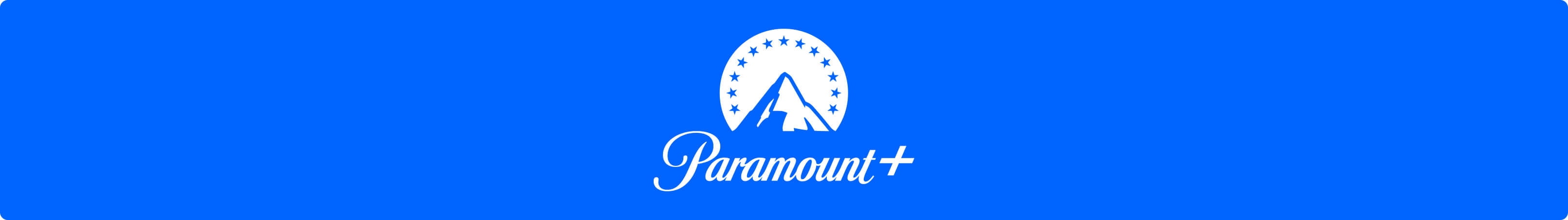 White Paramount Plus logo featuring a mountain peak and stars on a blue banner.