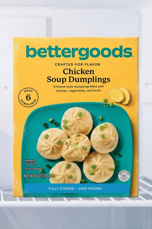 A package of bettergoods chicken soup dumplings on a freezer shelf.