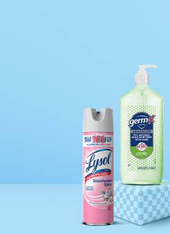 Germ-X hand sanitizer and Lysol spray.