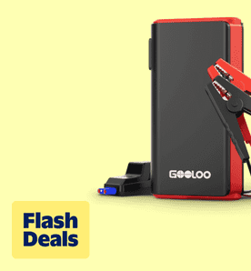 Flash Deals. Image shows a black Gooloo USB-C charging cable on a yellow background.