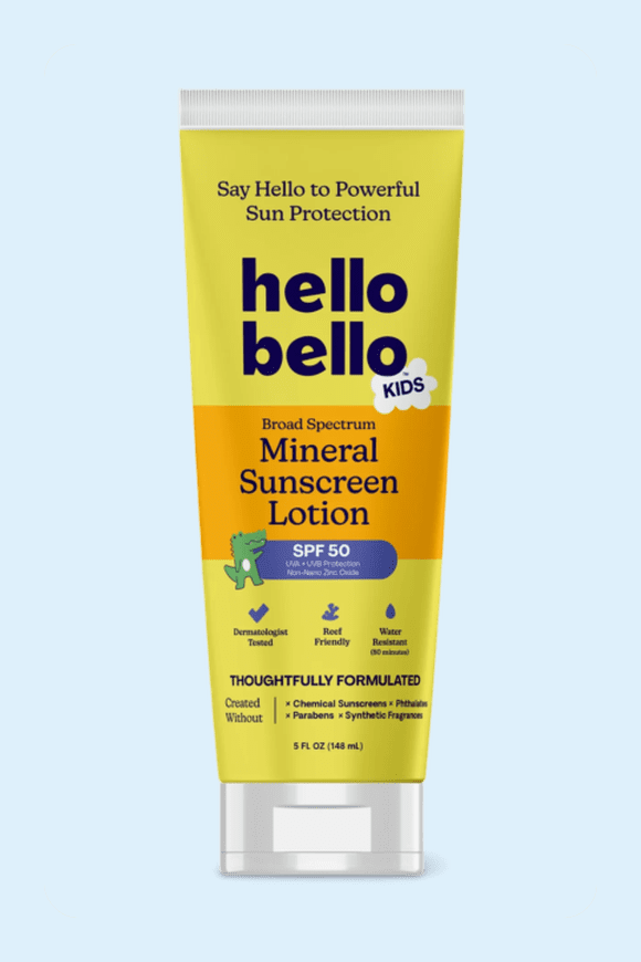 Image shows a yellow Hello Bello mineral SPF 50 kids sunscreen lotion tube on a light blue background.