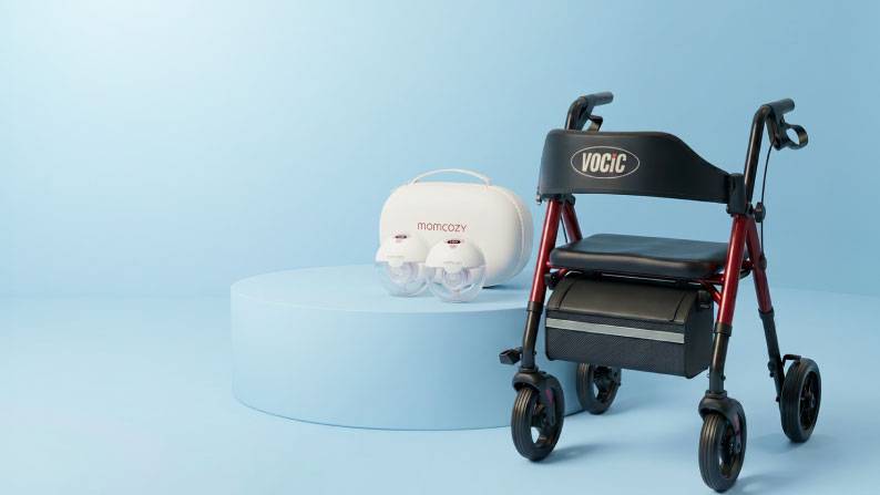 A breast pump set and adult diapers.
