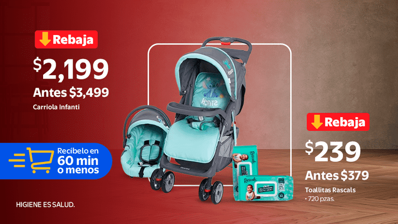 Ahorros imperdibles para tu bebé. Hasta 50% de ahorro + envío rápido Carriola Infanti, Toallitas Rascals 720 pzas Carriola $2199 - Toallitas $239