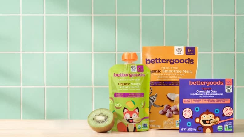 From one dollar and fifty cents. An assortment of bettergoods baby and toddler food—a kiwi, overnight oats, smoothie melts and mango and kiwi puree.