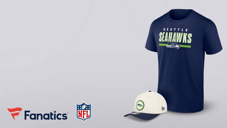 Men’s navy Seattle Seahawks T-Shirt and white, navy adjustable hat are shown. Fanatics and NFL logos seen in lower left corner.