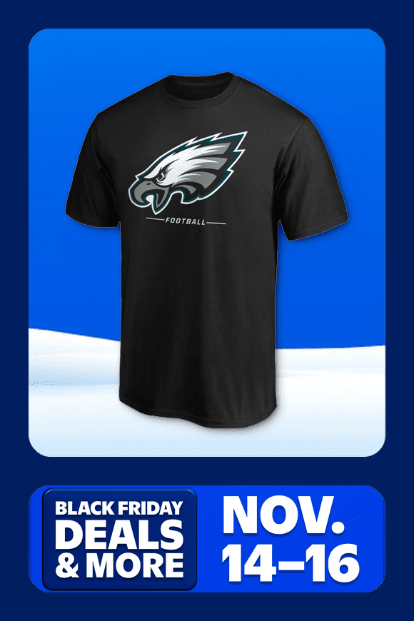 Image shows a black NFL Philadelphia Eagles T-shirt on a blue and white background.