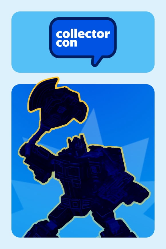 Collector Con badge and a silhouette of an action figure.