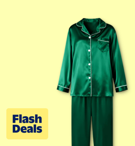 Image shows a green silky satin pajama set by DAKIMOE on a light yellow background.