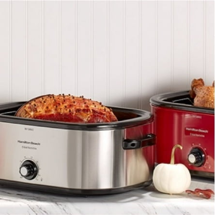 One red and one silver roaster. One roaster has a turkey in it and the other has a ham in it. Links to a blog post about surprising uses for your roaster (besides cooking turkeys)