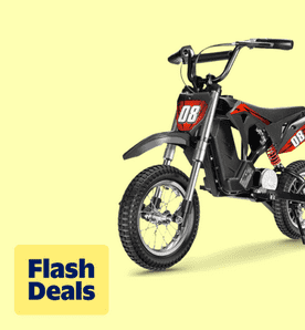 Image shows a red and black Easoger kids' electric dirt bike on a light yellow background.