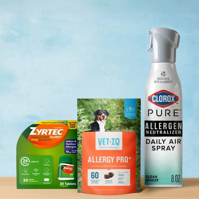 VETIQ allergy pro soft chews for dogs, Clorox allergen neutralizer air care, and Zyrtec allergy tablets.