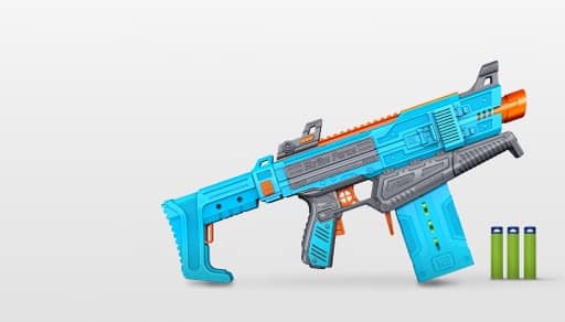 A blue Adventure Force Pro dart blaster and three green foam darts.