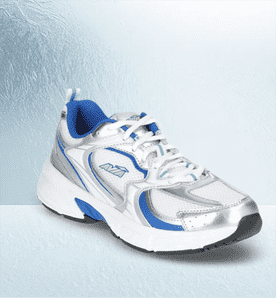 Image shows silver and blue Avia women's performance sneakers against a light textured background.