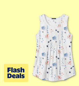 Flash deals. Image shows a white sleeveless Fantaslook blouse with a floral pattern on a light yellow background.