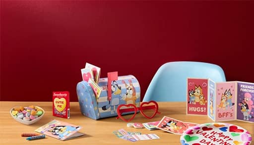 Candy, cards, mailbox, heart-shaped glasses, plate.