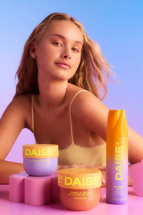Daise’s vanilla bounce body butter, vanilla glow scrub and vanilla whip foaming body wash is shown.