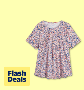 Flash deals. Image shows a multicolor floral Fantaslook pleated short sleeve tunic top on a light yellow background.