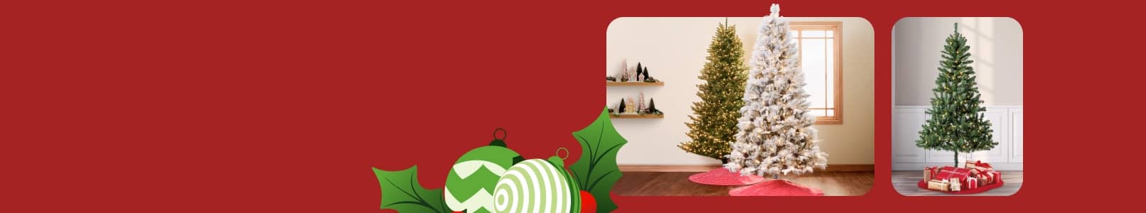 Prelit, flocked and unlit trees shown in a home setting.