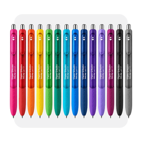 Image shows a set of fourteen colorful Paper Mate‌ InkJoy gel pens arranged in a row on a white background.