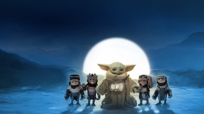 Grogu, Babu Frik and three other droidsmiths in front of a rising full moon.