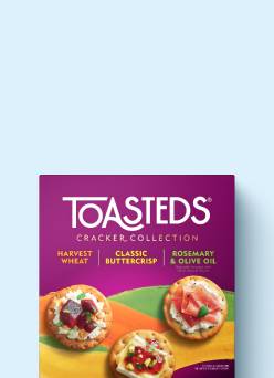 A box of Toasteds cracker collections is shown.