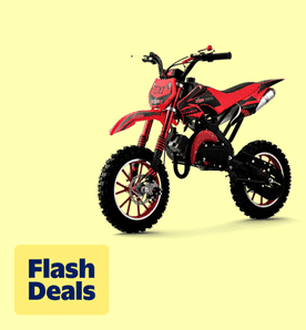 Flash deals. Image shows a red KTOEBYCO 49cc kids' dirt bike with black accents on a light yellow background.