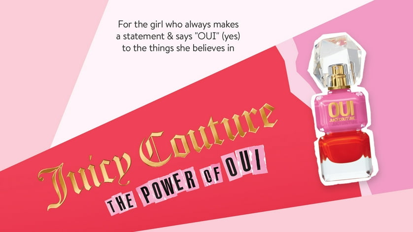 A bottle of Juicy Couture Oui Eau de Parfum on a colorful background.