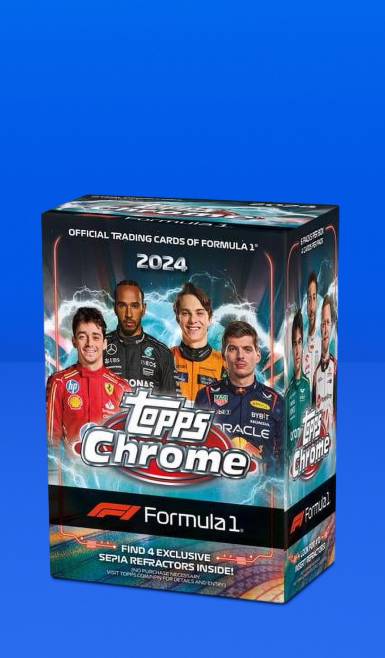 Image shows a box of official trading cards of Formula One, Topps Chrome.