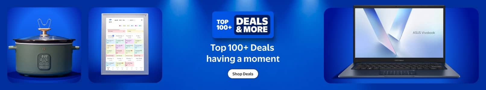Top one hundred plus deals and more badge with text: Top one hundred plus deals having a moment and Shop Deals, between cooker, tablet and laptop.