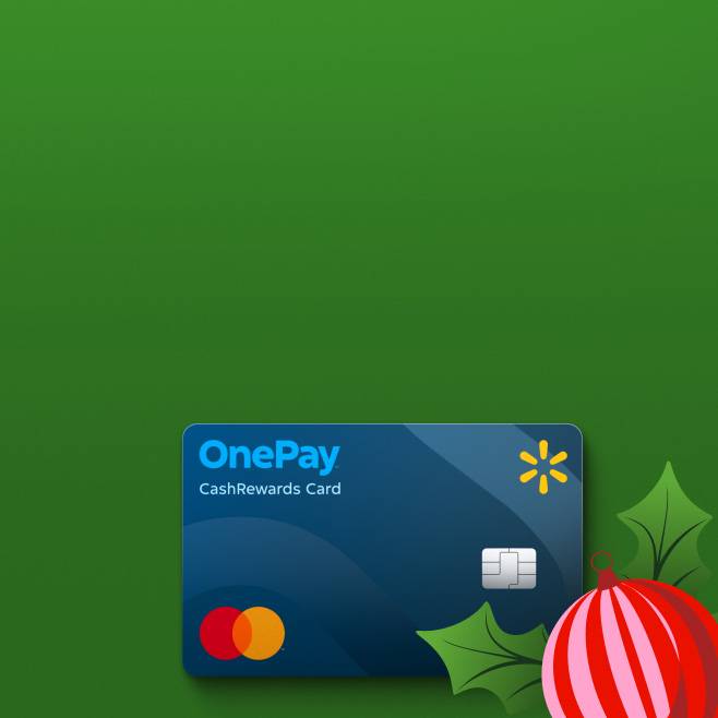An image of a blue credit card with the orange MasterCard and yellow Walmart logos. Illustrated leaves and a red ornament are on the green background.