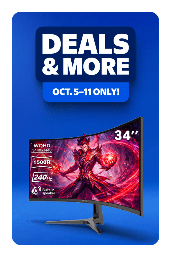 Image shows Suevery 34" 240Hz Curved Gaming Monitor, WQHD 3440x1440P, 1500R, 120% sRGB, Built-in Speakers, FreeSync, HDMI/DP, Black
