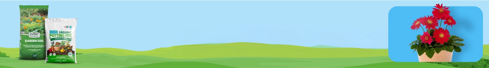 Two bags of potting mix and potted plant is shown against a graphic blue sky and grassy landscape.