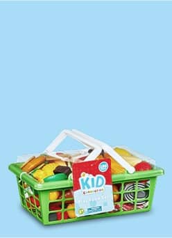 Shopping basket filled with toy food shown.