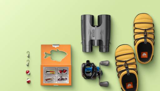 An image of two fishing hooks, two bait balls, binoculars, a fishing kit and shoes.