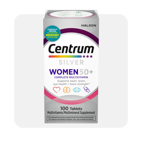 Centrum Silver Women fifty plus multivitamin, 100 tablets, supports heart, brain, eye health and bone strength.