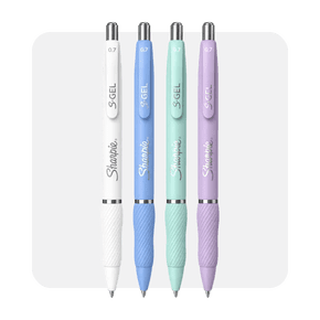 Image shows four Sharpie S-Gel pens with assorted pastel barrels and black ink on a white background.
