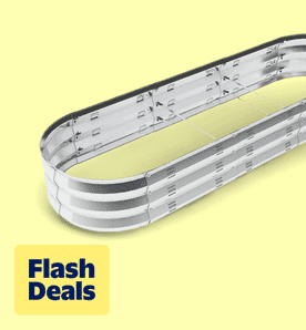 Flash deals. Image shows a silver Nana Guard galvanized metal raised garden bed against a light yellow background.