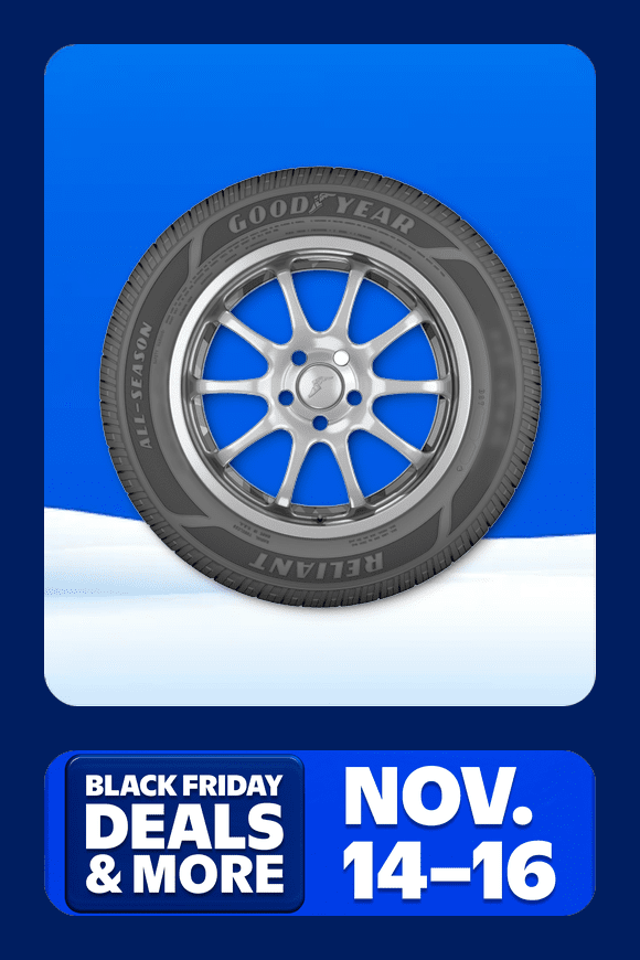 Image shows a black Goodyear Reliant all-season tire with a metallic rim on a blue background.
