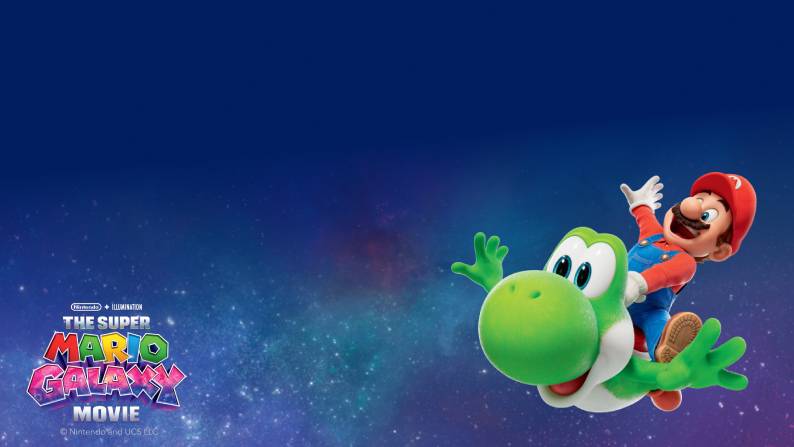 Mario rides Yoshi through space with an explorable planet in the background.